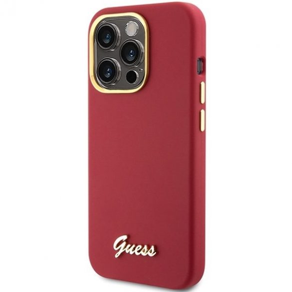 Guess GUHCP15LSMBSLM Husă rigidă pentru iPhone 15 Pro 6.1, magenta, silicon Script, emblemă și cadru metalic”