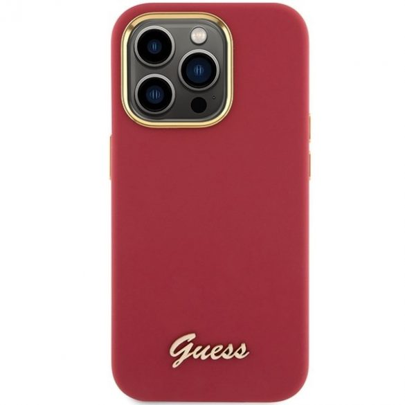 Guess GUHCP15LSMBSLM Husă rigidă pentru iPhone 15 Pro 6.1, magenta, silicon Script, emblemă și cadru metalic”