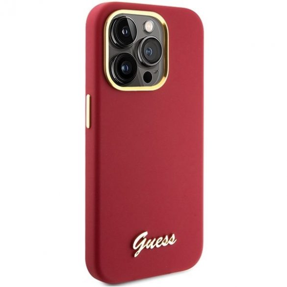 Guess GUHCP15LSMBSLM Husă rigidă pentru iPhone 15 Pro 6.1, magenta, silicon Script, emblemă și cadru metalic”