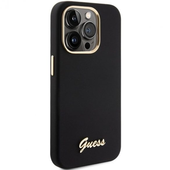 Guess GUHCP15LSMBSLK iPhone 15 Pro 6.1 carcasă rigidă, neagră, silicon, script, metal, logo și cadru"