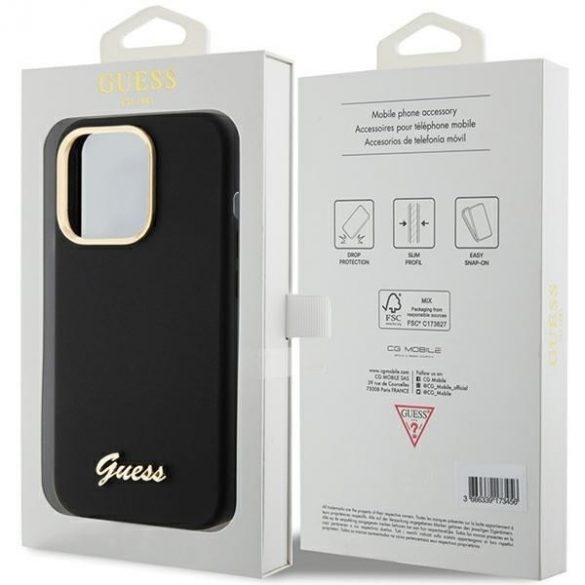 Guess GUHCP15LSMBSLK iPhone 15 Pro 6.1 carcasă rigidă, neagră, silicon, script, metal, logo și cadru"