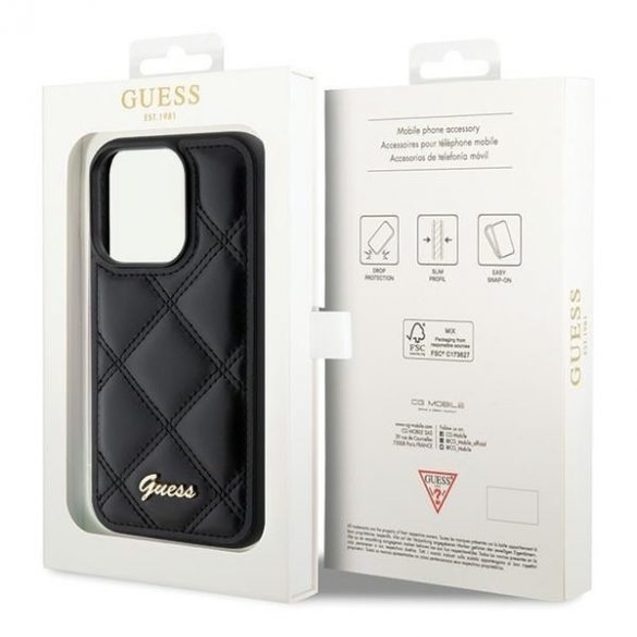 Guess GUHCP15XPSQSQSK iPhone 15 Pro Max 6.7 carcasa rigidă neagră Quilted Metal Logo"