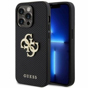 Guess GUHCP15XPSP4LGK iPhone 15 Pro Max 6.7 carcasă rigidă/neagră, piele perforată, logo sclipici 4G"