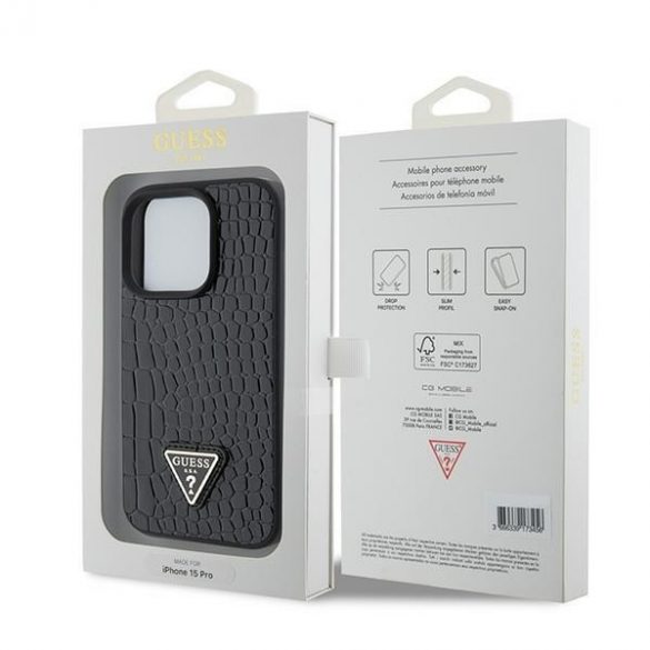 Guess GUHCP15LPCRTHCK iPhone 15 Pro 6.1 carcasă rigidă/neagră Croco Triangle Metal Logo"