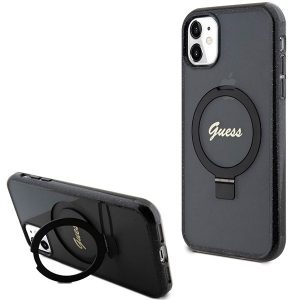 Guess GUHMN61HRSGSK iPhone 11 / Xr 6.1" carcasă rigidă/neagră Ring Stand Script Glitter MagSafe