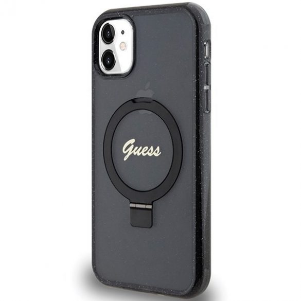 Guess GUHMN61HRSGSK iPhone 11 / Xr 6.1" carcasă rigidă/neagră Ring Stand Script Glitter MagSafe