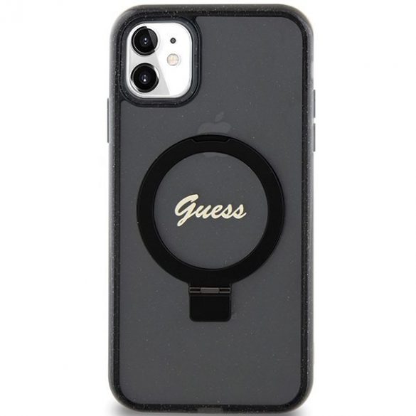 Guess GUHMN61HRSGSK iPhone 11 / Xr 6.1" carcasă rigidă/neagră Ring Stand Script Glitter MagSafe