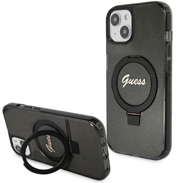 Guess GUHMP13MHRSGSK iPhone 13 / 14 / 15 6.1" carcasă rigidă/neagră Ring Stand Script Glitter MagSafe