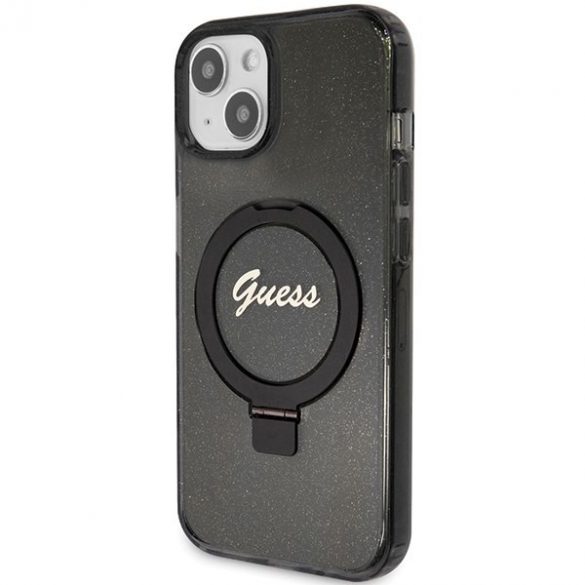 Guess GUHMP13MHRSGSK iPhone 13 / 14 / 15 6.1" carcasă rigidă/neagră Ring Stand Script Glitter MagSafe