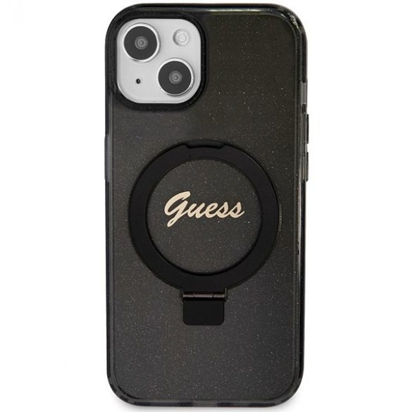 Guess GUHMP13MHRSGSK iPhone 13 / 14 / 15 6.1" carcasă rigidă/neagră Ring Stand Script Glitter MagSafe