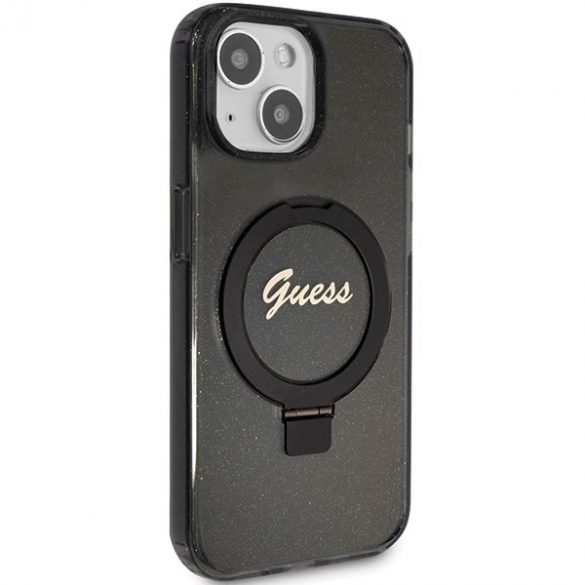 Guess GUHMP13MHRSGSK iPhone 13 / 14 / 15 6.1" carcasă rigidă/neagră Ring Stand Script Glitter MagSafe