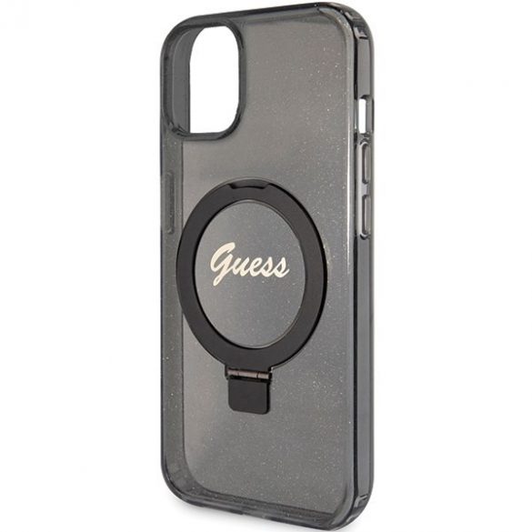 Guess GUHMP13MHRSGSK iPhone 13 / 14 / 15 6.1" carcasă rigidă/neagră Ring Stand Script Glitter MagSafe