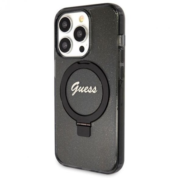 Guess GUHMP13LHRSGSK iPhone 13 Pro / 13 6.1" carcasă rigidă neagră/neagră Ring Stand Script Glitter MagSafe