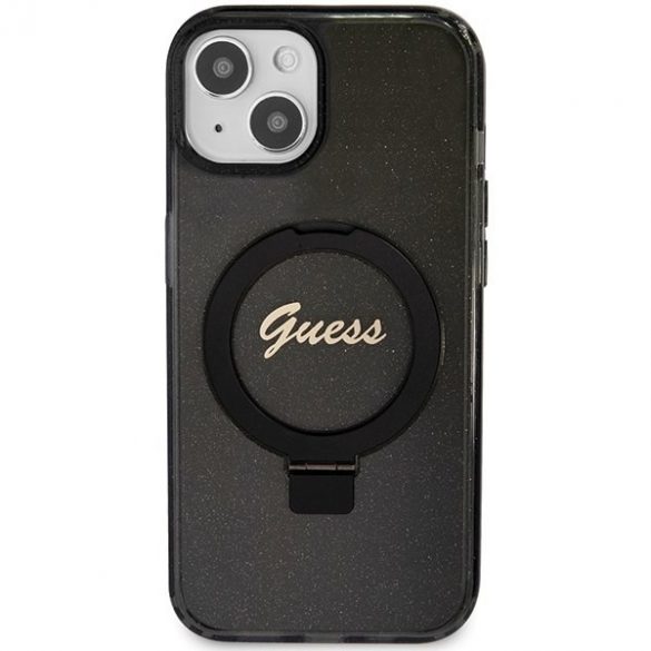 Guess GUHMP15SHRSGSK iPhone 15 / 14 / 13 6.1" carcasă rigidă/neagră Ring Stand Script Glitter MagSafe