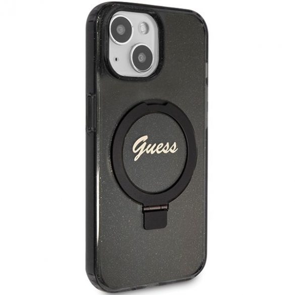 Guess GUHMP15SHRSGSK iPhone 15 / 14 / 13 6.1" carcasă rigidă/neagră Ring Stand Script Glitter MagSafe