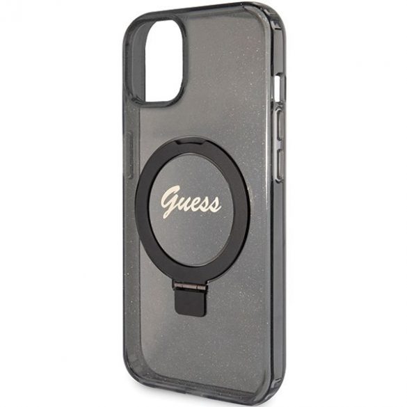 Guess GUHMP15SHRSGSK iPhone 15 / 14 / 13 6.1" carcasă rigidă/neagră Ring Stand Script Glitter MagSafe