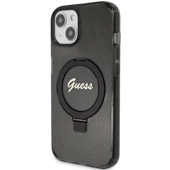 Guess GUHMP15MHRSGSK iPhone 15 Plus / 14 Plus 6,7" carcasă rigidă neagră/neagră Ring Stand Script Glitter MagSafe