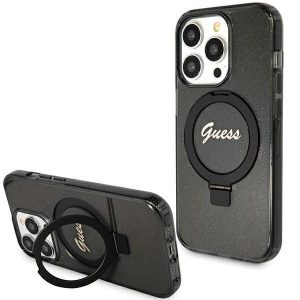 Guess GUHMP15LHRSGSK iPhone 15 Pro 6.1 carcasa rigidă neagră/negru Ring Stand Script Glitter MagSafe"