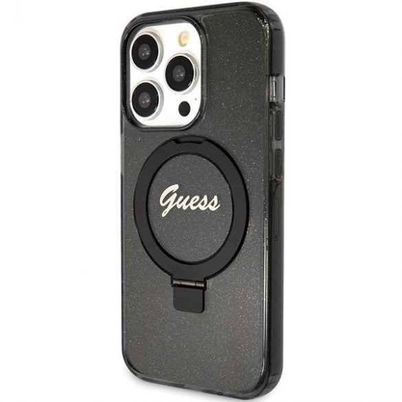 Guess GUHMP15LHRSGSK iPhone 15 Pro 6.1 carcasa rigidă neagră/negru Ring Stand Script Glitter MagSafe"