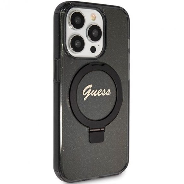 Guess GUHMP15LHRSGSK iPhone 15 Pro 6.1 carcasa rigidă neagră/negru Ring Stand Script Glitter MagSafe"