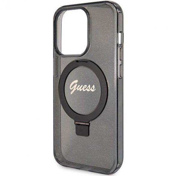 Guess GUHMP15LHRSGSK iPhone 15 Pro 6.1 carcasa rigidă neagră/negru Ring Stand Script Glitter MagSafe"