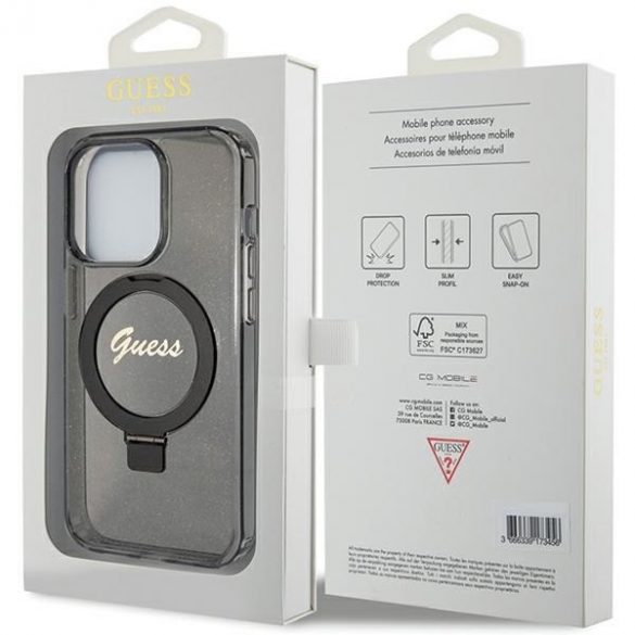 Guess GUHMP15LHRSGSK iPhone 15 Pro 6.1 carcasa rigidă neagră/negru Ring Stand Script Glitter MagSafe"