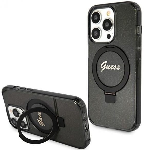 Guess GUHMP15XHRSGSK iPhone 15 Pro Max 6.7 carcasă rigidă/neagră Ring Stand Script Glitter MagSafe"