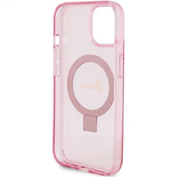 Guess GUHMP15SHRSGSP iPhone 15 / 14 / 13 6.1" rożowy/roz hardcase Ring Stand Script Glitter MagSafe