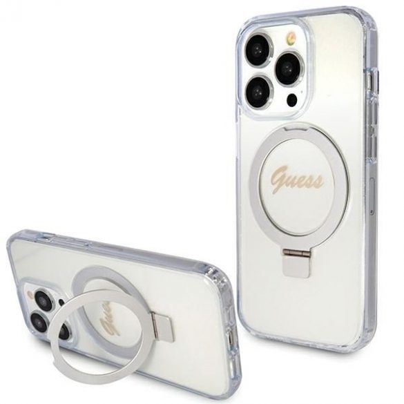 Guess GUHMP15XHRSGSD iPhone 15 Pro Max 6.7 carcasă rigidă transparentă/carta rigidă Ring Stand Script Glitter MagSafe"