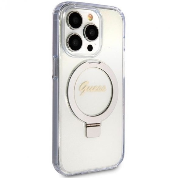 Guess GUHMP15XHRSGSD iPhone 15 Pro Max 6.7 carcasă rigidă transparentă/carta rigidă Ring Stand Script Glitter MagSafe"