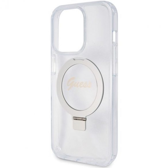 Guess GUHMP15XHRSGSD iPhone 15 Pro Max 6.7 carcasă rigidă transparentă/carta rigidă Ring Stand Script Glitter MagSafe"