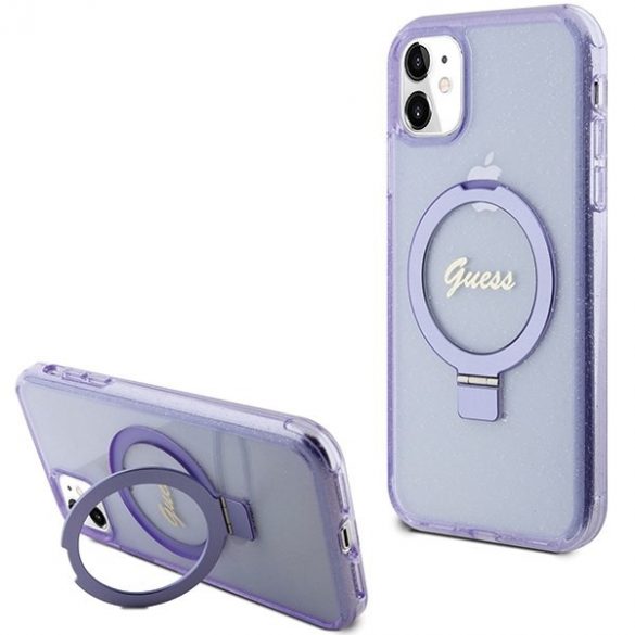 Guess GUHMN61HRSGSU iPhone 11 / Xr 6.1" husă rigidă violet/violet Ring Stand Script Glitter MagSafe