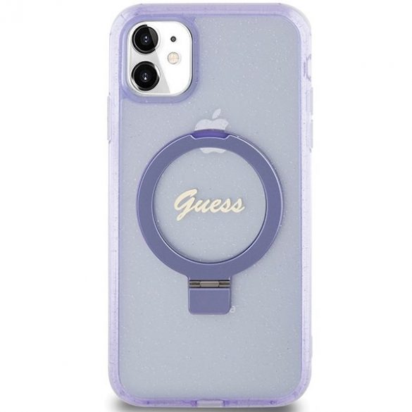 Guess GUHMN61HRSGSU iPhone 11 / Xr 6.1" husă rigidă violet/violet Ring Stand Script Glitter MagSafe