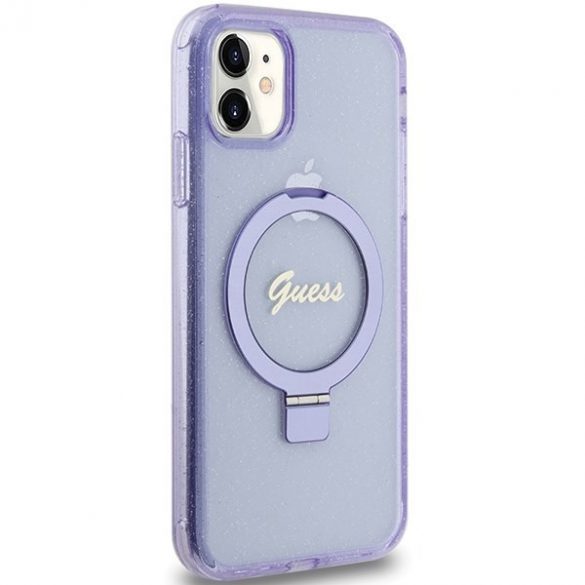 Guess GUHMN61HRSGSU iPhone 11 / Xr 6.1" husă rigidă violet/violet Ring Stand Script Glitter MagSafe