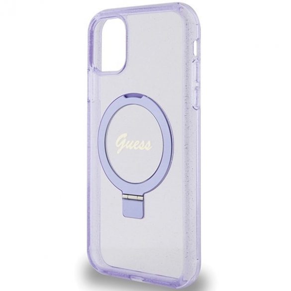 Guess GUHMN61HRSGSU iPhone 11 / Xr 6.1" husă rigidă violet/violet Ring Stand Script Glitter MagSafe