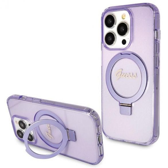 Guess GUHMP13LHRSGSU iPhone 13 Pro / 13 6.1" fioletowy/purple hardcase Ring Stand Script Glitter MagSafe