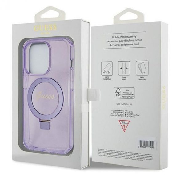 Guess GUHMP14LHRSGSU iPhone 14 Pro 6.1" husă rigidă violet/violet Ring Stand Script Glitter MagSafe