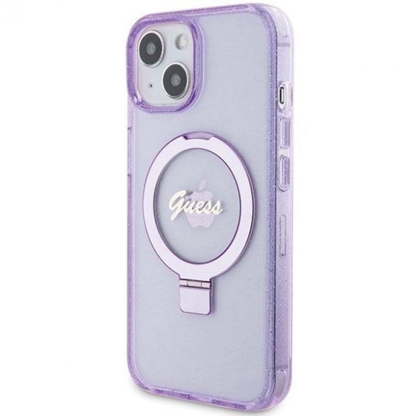 Guess GUHMP15SHRSGSU iPhone 15 / 14 / 13 6.1" fioletowy/purpurie hardcase Ring Stand Script Glitter MagSafe