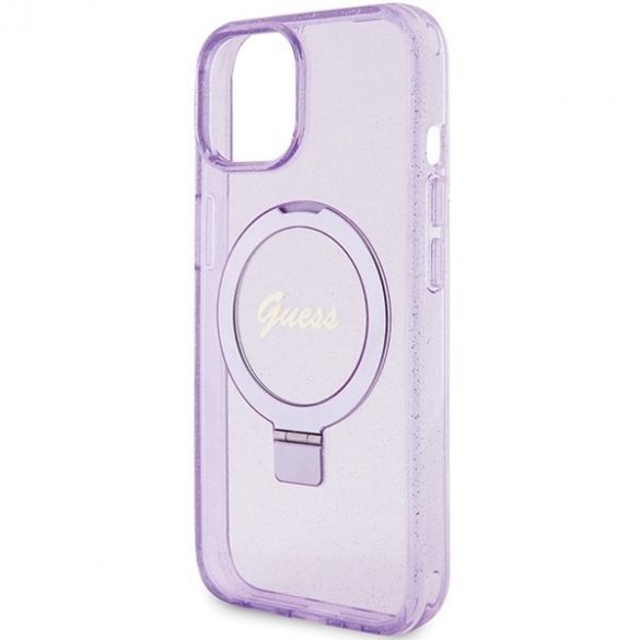 Guess GUHMP15SHRSGSU iPhone 15 / 14 / 13 6.1" fioletowy/purpurie hardcase Ring Stand Script Glitter MagSafe