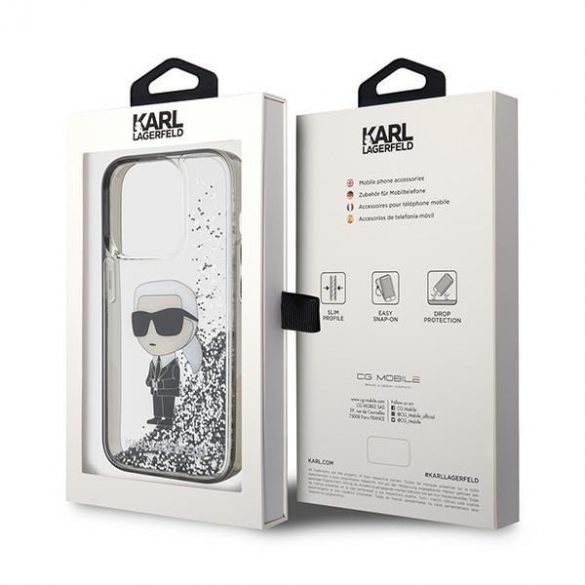 Karl Lagerfeld KLHCP15LLKKNSK Husă rigidă transparentă pentru iPhone 15 Pro 6.1 Liquid Glitter Ikonik"