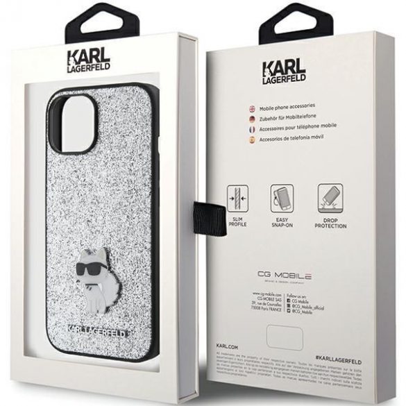 Karl Lagerfeld KLHCP15SGCNPSG iPhone 15 / 14 / 13 6.1" srebrny/silver hard Husă Fixed Glitter Choupette Logo Metal Pin