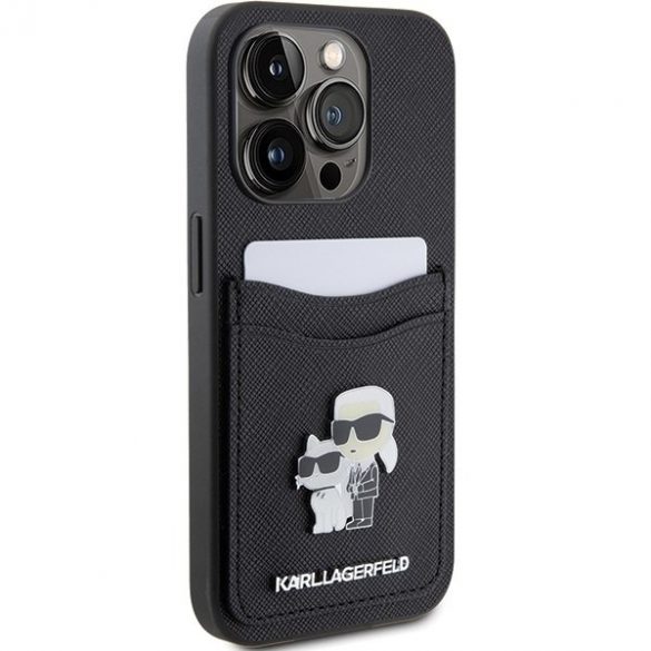 Karl Lagerfeld KLHCP15LSAPKCNPK iPhone 15 Pro 6.1 carcasă rigidă/neagră Saffiano Slot pentru carduri Karl&Choupette Metal Pin"