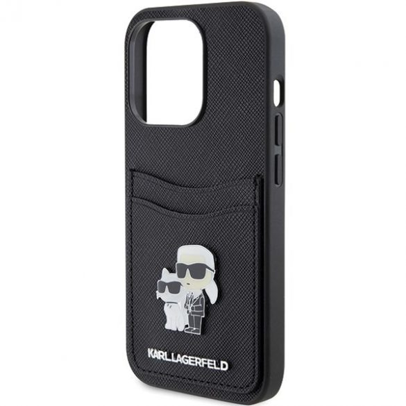 Karl Lagerfeld KLHCP15LSAPKCNPK iPhone 15 Pro 6.1 carcasă rigidă/neagră Saffiano Slot pentru carduri Karl&Choupette Metal Pin"