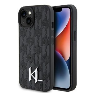 Karl Lagerfeld KLHCP15SPKLPKLK iPhone 15 / 14 / 13 6.1" carcasă rigidă/neagră din piele Monogramă Hot Stamp Metal Logo