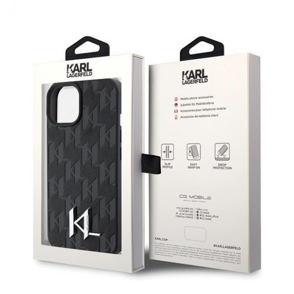 Karl Lagerfeld KLHCP15SPKLPKLK iPhone 15 / 14 / 13 6.1" carcasă rigidă/neagră din piele Monogramă Hot Stamp Metal Logo