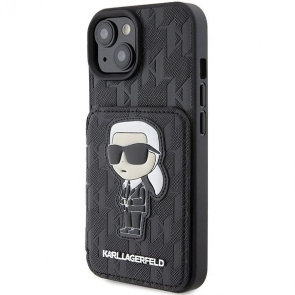 Karl Lagerfeld KLHCP15SSAKKNSCK iPhone 15 / 14 / 13 6.1" carcasă rigidă/neagră Saffiano sloturi pentru carduri și patch monogramă Ikonik cu suport