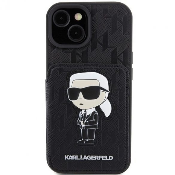 Karl Lagerfeld KLHCP15SSAKKNSCK iPhone 15 / 14 / 13 6.1" carcasă rigidă/neagră Saffiano sloturi pentru carduri și patch monogramă Ikonik cu suport