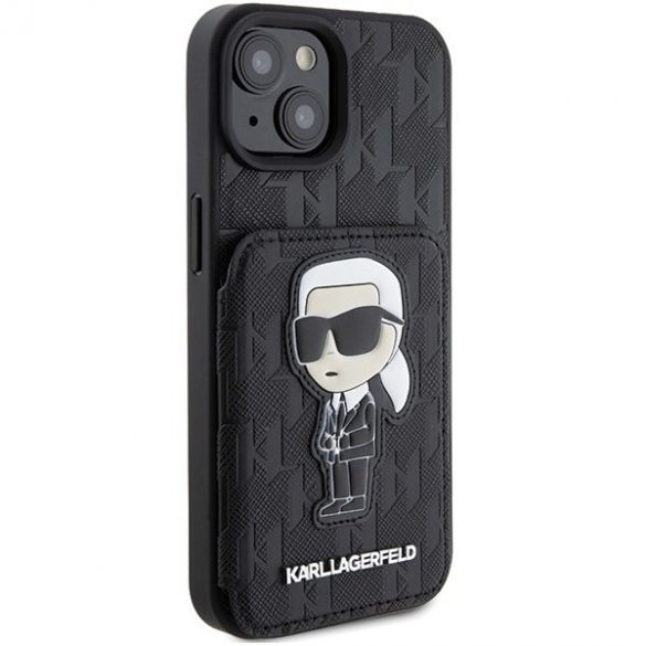 Karl Lagerfeld KLHCP15SSAKKNSCK iPhone 15 / 14 / 13 6.1" carcasă rigidă/neagră Saffiano sloturi pentru carduri și patch monogramă Ikonik cu suport