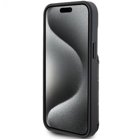 Karl Lagerfeld KLHCP15SSAKKNSCK iPhone 15 / 14 / 13 6.1" carcasă rigidă/neagră Saffiano sloturi pentru carduri și patch monogramă Ikonik cu suport