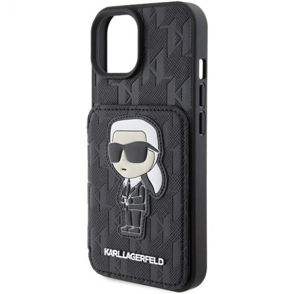 Karl Lagerfeld KLHCP15SSAKKNSCK iPhone 15 / 14 / 13 6.1" carcasă rigidă/neagră Saffiano sloturi pentru carduri și patch monogramă Ikonik cu suport